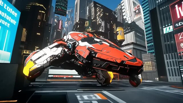 Futuristic red and white hovercraft navigating a vibrant cyberpunk cityscape with towering buildings