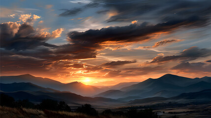 Obraz premium A peaceful sunset over the mountains, with the sky ablaze in golden light and soft clouds floating above, casting a serene ambiance.