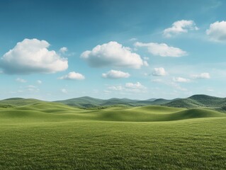 Naklejka premium Rolling green hills under a bright blue sky with fluffy clouds in a peaceful landscape during daytime