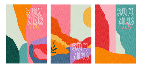 Summer covers or horizontal posters set in modern minimal style for branding, social media ads, promo. Trendy vintage layout design templates with dynamic overlay colorful liquid shapes. Vector