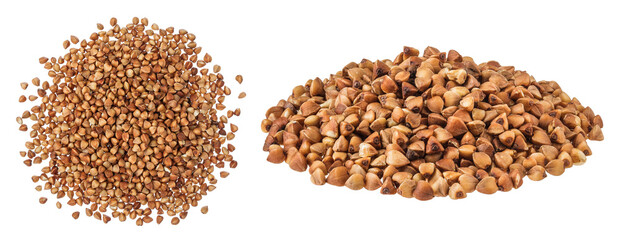 Raw buckwheat isolated on white background. Top view. Flat lay