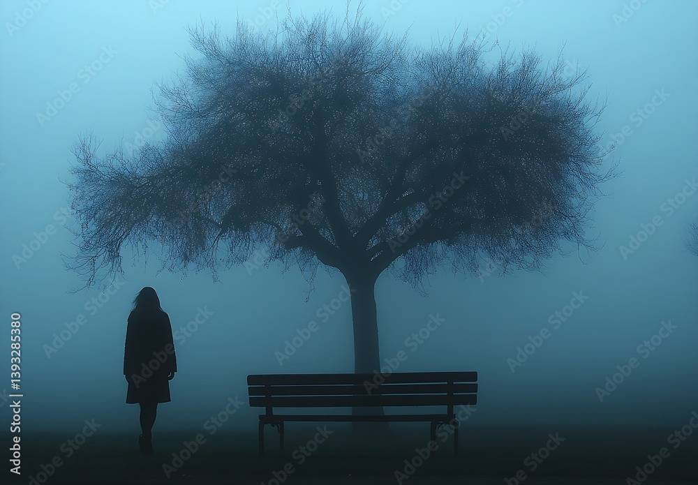 Poster lonely silhouette of a woman under a bare tree in a misty park evoking introspection and calm : gene