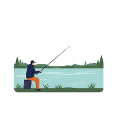 Fisherman casting line into tranquil water in flat vector art style