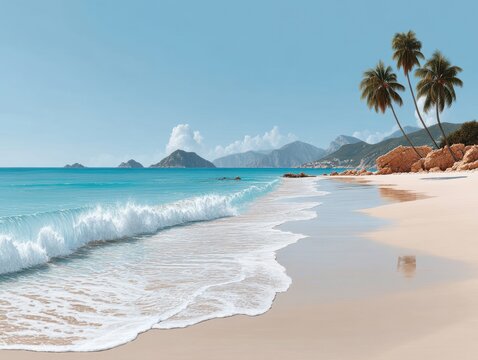 Serene beach with gentle waves and palm trees along the coast in a tropical paradise during the daytime