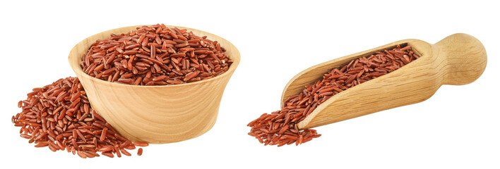 red rice in a wooden bowl and scoop isolated on white background