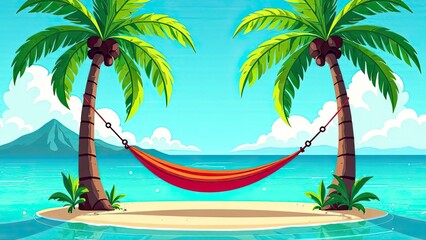 Hanging hammock stretched between two palm trees on a tropical island with white sand beach. Ocean shore pic