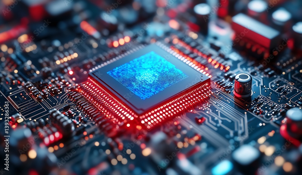 Leinwandbilder A vibrant closeup of an advanced microchip reflecting intricate details on a complex circuit board : Generative AI