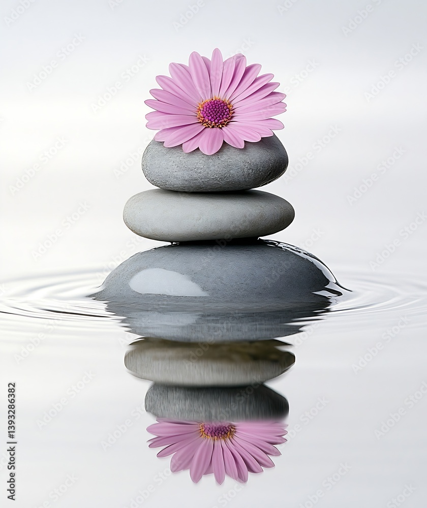 Aufkleber zen garden still life pink daisy on stacked stones in water with ripples and reflection for serenity