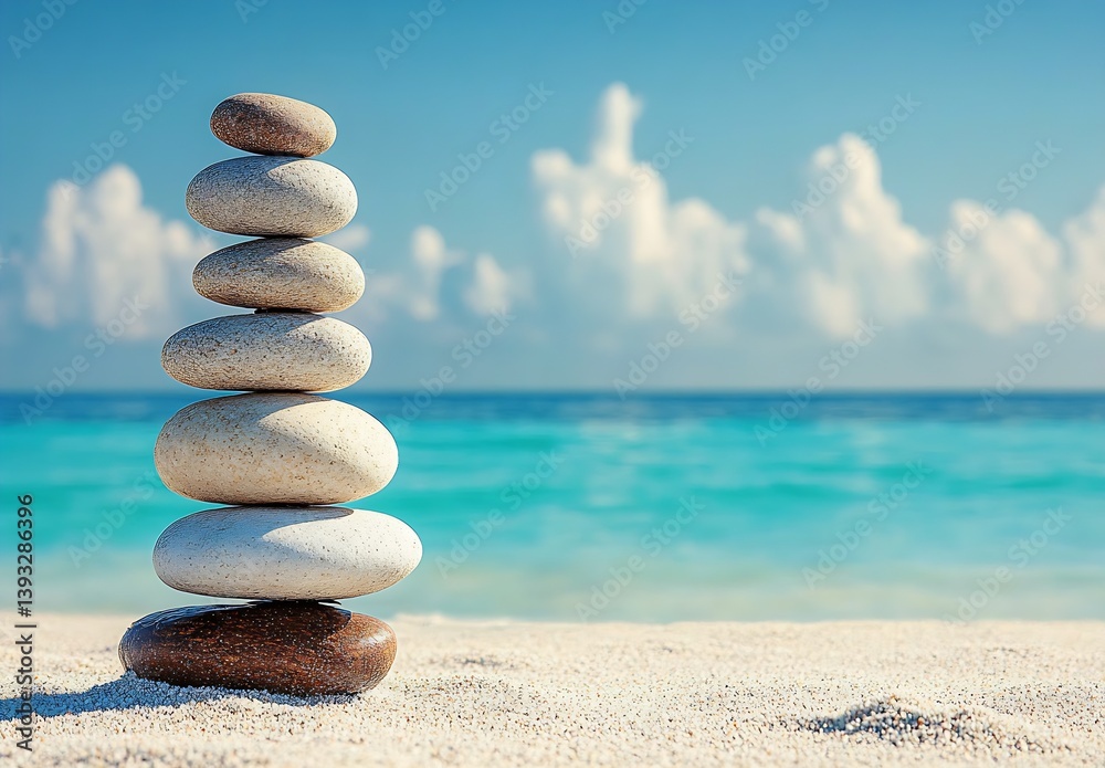 Poster Elegant Composition of Stacked Stones at Beach with Bright Turquoise Water and Soft Clouds : Generative AI