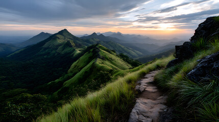 Naklejka premium A scenic hiking trail leading through green hills, with the fading sunlight of sunset casting a soft glow over the landscape and distant mountain ranges on the horizon.