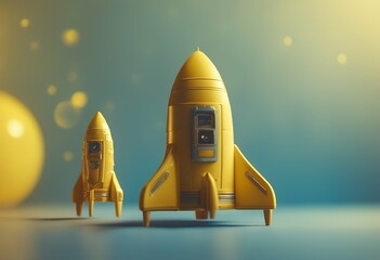 blue spaceship rocket background yellow illustration toy 3d set ready launch retro successful three-dimensional progress space succeed mission design model business object big track missile travel