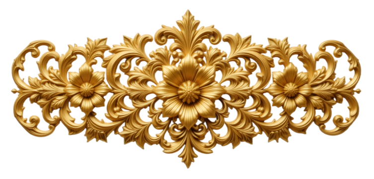 Elegant golden ornamental decorative element, golden baroque item on transparent background