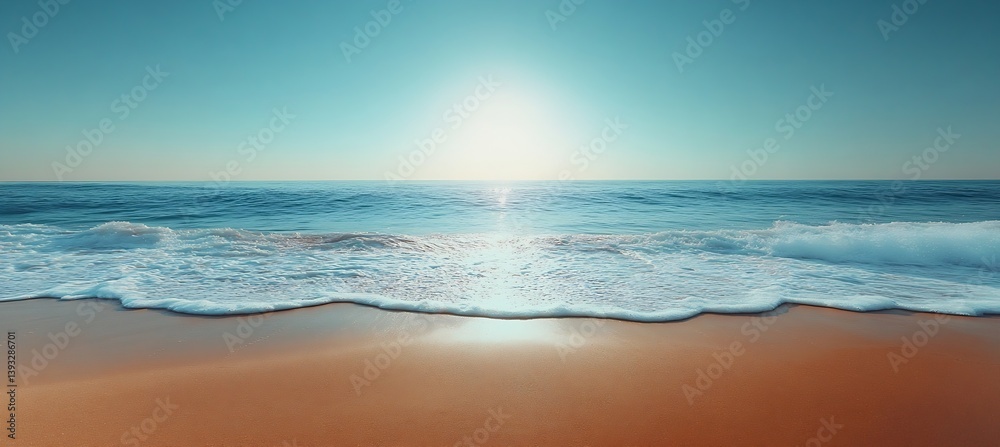 Poster serene beach scene ocean waves lapping on sandy shore under a bright sky with a calm atmosphere : ge