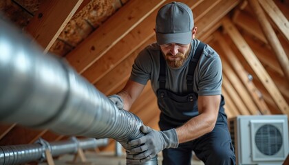 HVAC technician installs ventilation ductwork in residential attic. Man wearing safety hat, gloves at work. Air conditioning maintenance, duct cleaning, inspection. Skilled pro performs home