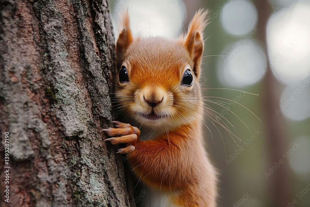Poster cute red squirrel climbing tree trunk with curious expression wildlife photography in natural habita