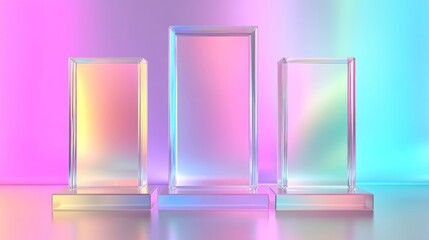 Three iridescent glass podiums on a pastel background.