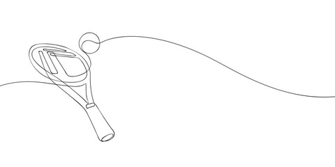 A simple continuous line drawing of a tennis racket and ball, symbolizing sports, competition, and athleticism, set against a white background.