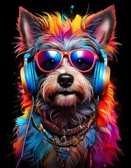Colorful watercolor punk dog with sunglasses and headphones wallpaper