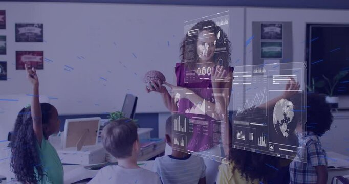 In school, teacher holding brain model with animated data processing for children