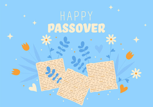 Happy Passover Background. Traditional symbols of Jewish holiday. Matza and flowers. Passover background for holiday