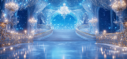 Fantasy palace ballroom glowing with crystal chandeliers, glittering stairs, and shimmering blue lights, evoking elegance, fairytale magic and royal celebration ambiance.