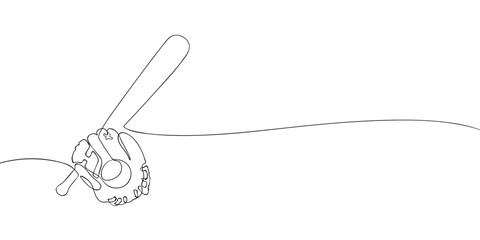 Minimalist one-line drawing of a baseball glove, ball, and bat, showcasing sports equipment in a simple artistic style.