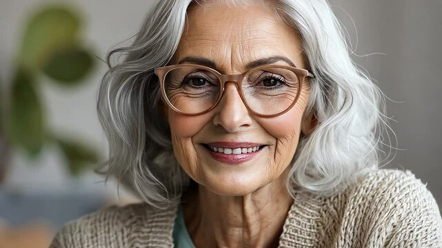 A cheerful senior woman radiating warmth and elegance