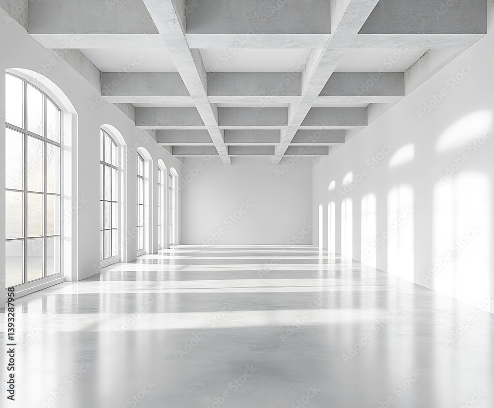 Poster Bright Modern Empty Room with Windows and Concrete Beams Excellent for Architectural Visualization and Interior Design Projects and Mockups : Generative AI