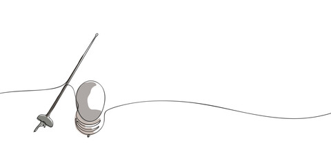 Continuous line art showing a fencing sword and mask, styled in a simple minimalist design with subtle shading and clean outlines.