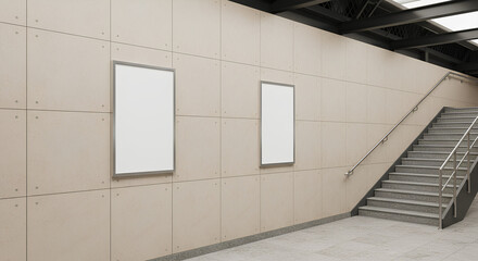 A wall covered in light beige panels, with gaps between them. Two blank rectangular vertical signs with silver frames hung on it, generative ai
