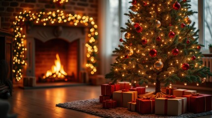 A beautifully decorated Christmas tree with twinkling fairy lights, red and gold ornaments, and wrapped gifts underneath, set in a cozy living room with a fireplace glowing warmly