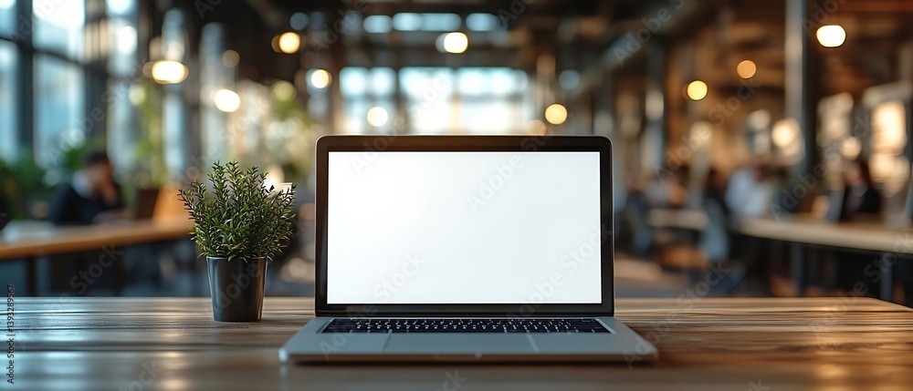 Poster laptop mockup office desk blank screen plant and blurred background for remote work concept : genera