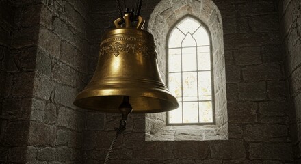 Fototapeta premium Ancient Church Bell and Gothic Window - A golden bell hangs in a dark stone church, next to a gothic arched window. The scene is peaceful and serene