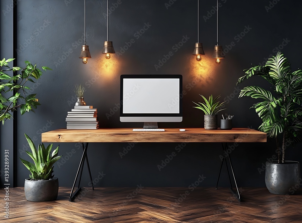 Aufkleber Modern Home Office Setup with Blank Computer Screen Minimalist Workspace with Plants and Wooden Desk Dark Wall : Generative AI