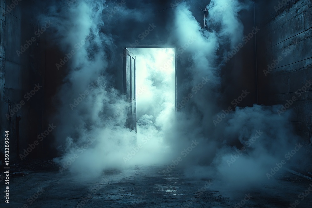 Poster eerie scene of a doorway surrounded by smoke creating mystery and intrigue ideal for thriller and ho