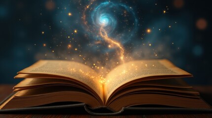 A close-up of an enchanted book with golden pages, from which a miniature universe of swirling galaxies and orbiting planets ascends