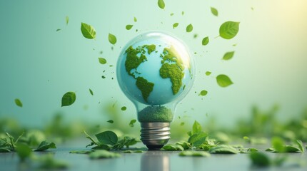 A conceptual image of Earth encased within a transparent lightbulb, surrounded by floating green leaves and solar energy symbols, representing environmental awareness