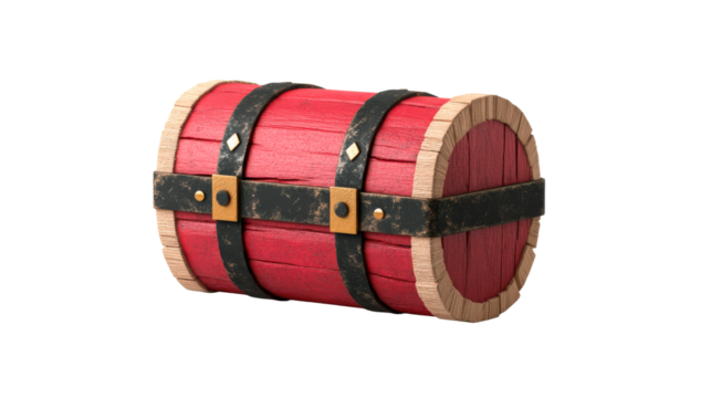 Red barrel chest, aged design, secure fittings and bands, cut out transparent