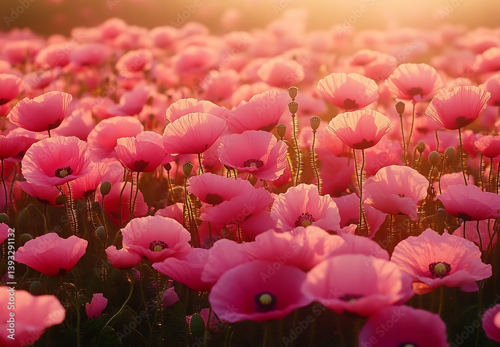 Poster charming scene of a field filled with pink poppies basking in the warm light of a breathtaking sunse