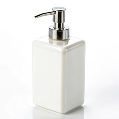 Obraz premium Rectangular white pump bottle with chrome dispenser on white background