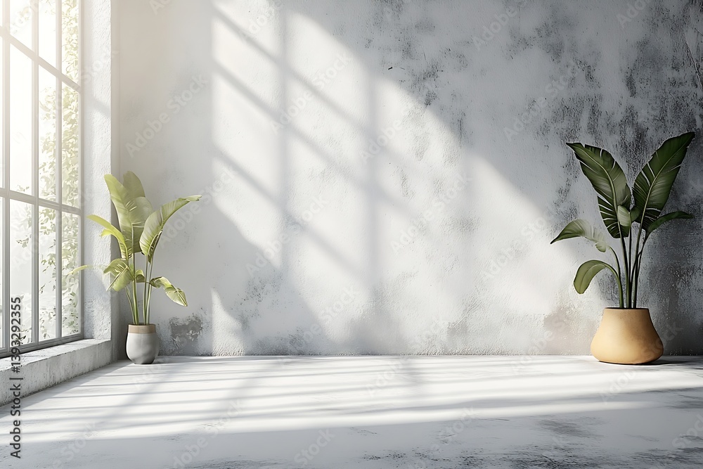Poster sunlit empty room with plants and concrete walls perfect for interior design mockups and backgrounds
