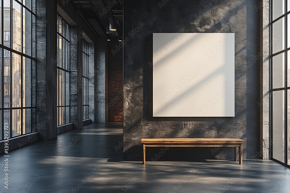 Poster modern loft style interior empty room with large windows bench and blank white poster mockup for art