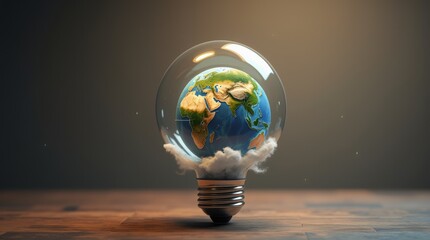 A highly detailed 3D render of a glass lightbulb containing a miniature Earth with realistic landmasses and clouds