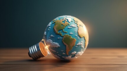 A highly detailed 3D render of a glass lightbulb containing a miniature Earth with realistic landmasses and clouds