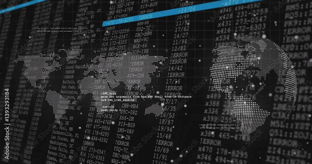 Poster digital world map and error codes over financial data processing animation