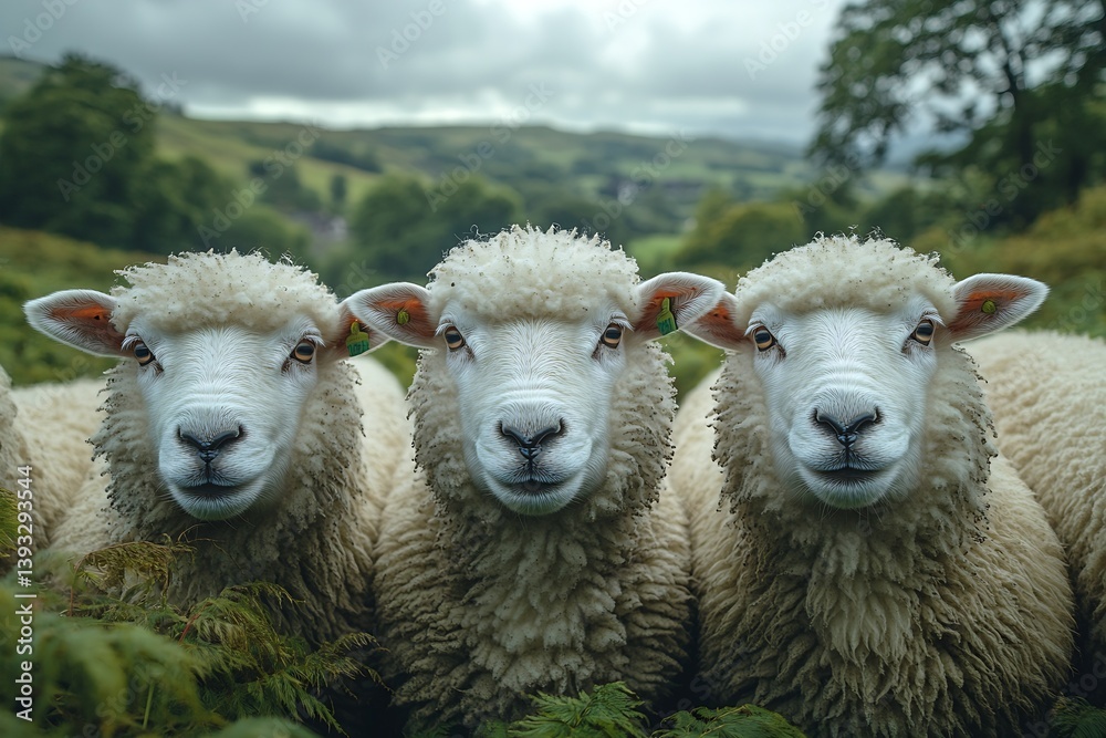 Poster close up portrait of three sheep in lush green pasture fluffy wool and serene landscape in the backg