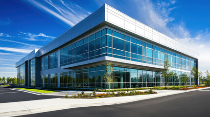 Obraz premium A contemporary office building features large glass windows and a sleek design, surrounded by manicured landscaping under a clear blue sky during midday