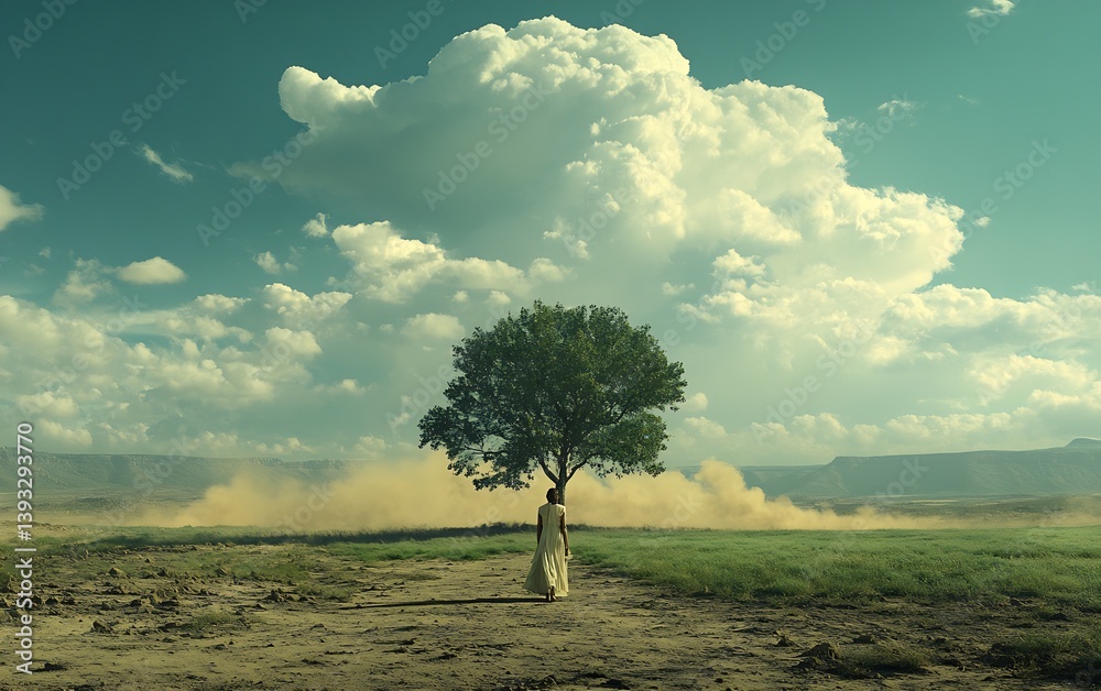 Poster eyecatching landscape with a lone tree amidst dry land and a distant mountain backdrop under vibrant
