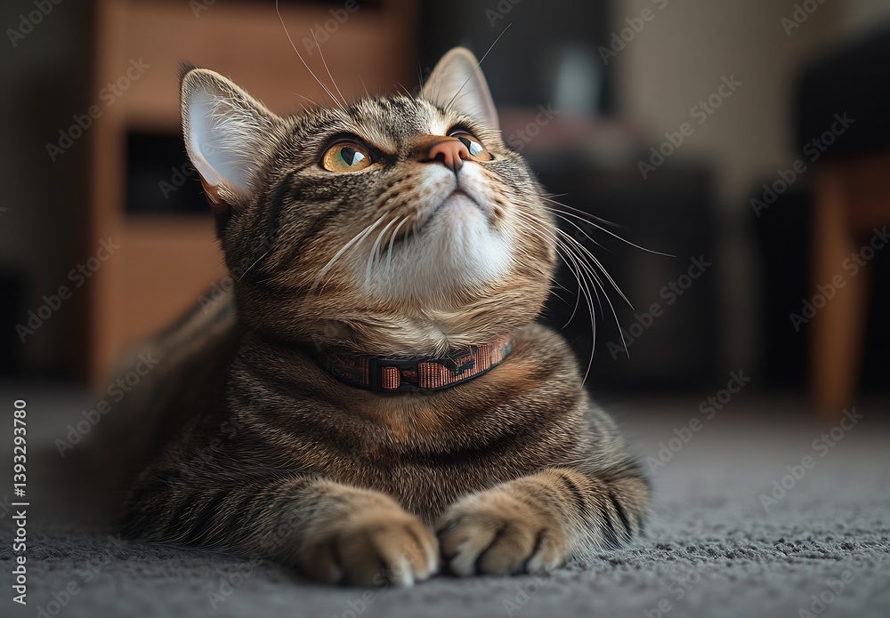 Poster adorable tabby cat portrait with intricate details captured in natural light awaiting a treat with a