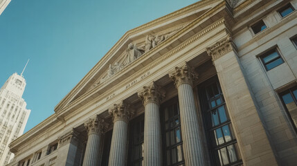 Fototapeta premium Majestic columns and intricate sculptures adorn the facade of a grand building in a vibrant city. The warm sunlight enhances the architectural details, creating a striking sight